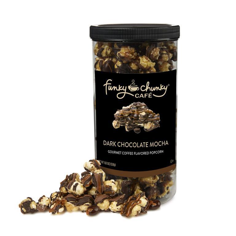 Tall Canisters (19oz.)-This tall, re-sealable canister of popcorn and pretzel mixes are our most popular size and makes a great office party favor, hostess or business gift. Each canister contains nineteen gourmet popcorn confection servings.-Funky Chunky