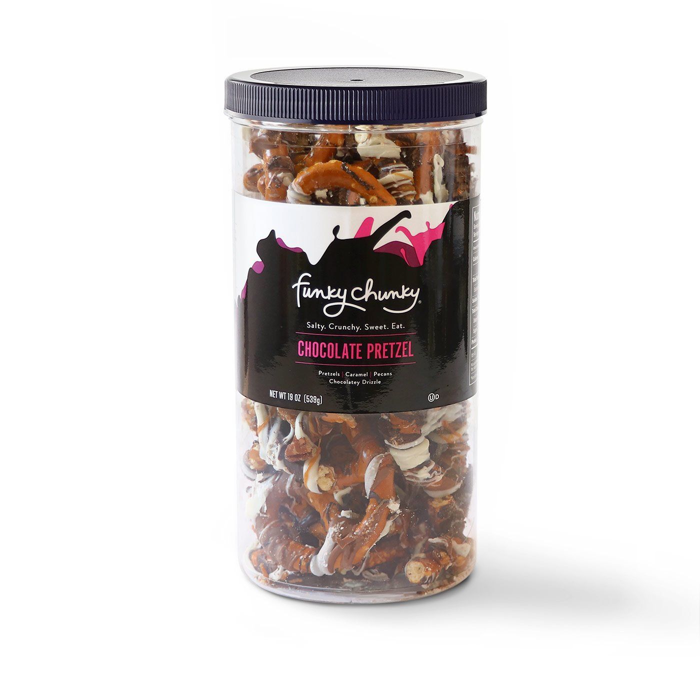 Tall Canisters (19oz.)-This tall, re-sealable canister of popcorn and pretzel mixes are our most popular size and makes a great office party favor, hostess or business gift. Each canister contains nineteen gourmet popcorn confection servings.-Funky Chunky