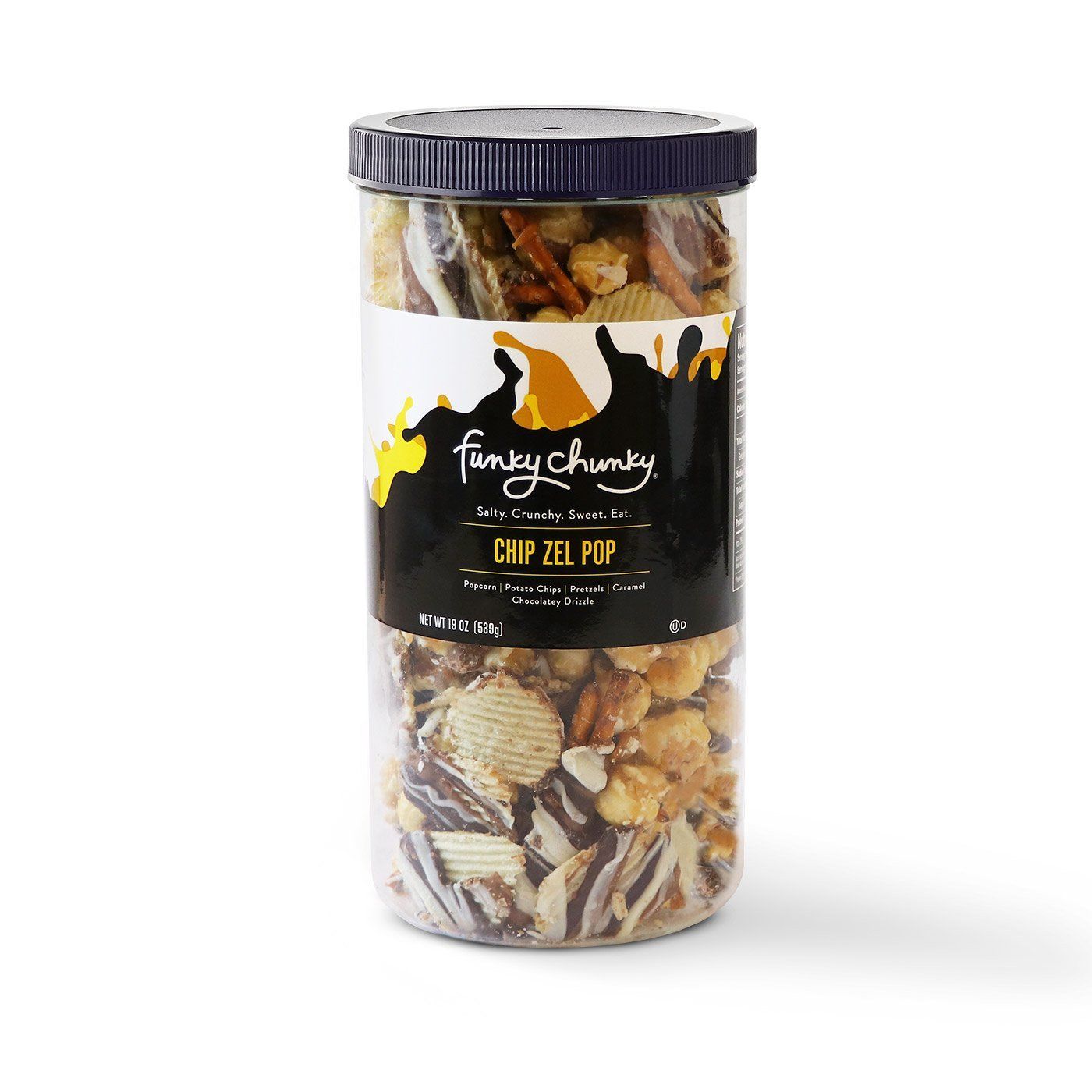 Tall Canisters (19oz.)-This tall, re-sealable canister of popcorn and pretzel mixes are our most popular size and makes a great office party favor, hostess or business gift. Each canister contains nineteen gourmet popcorn confection servings.-Funky Chunky